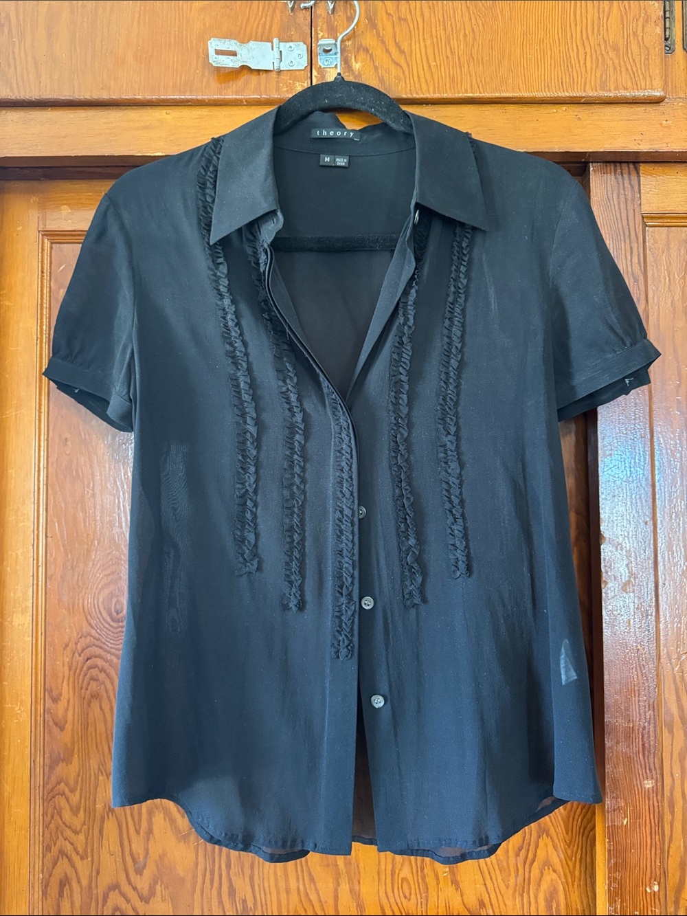 Theory Black Short-Sleeve Ruffle-Trim Button Blouse